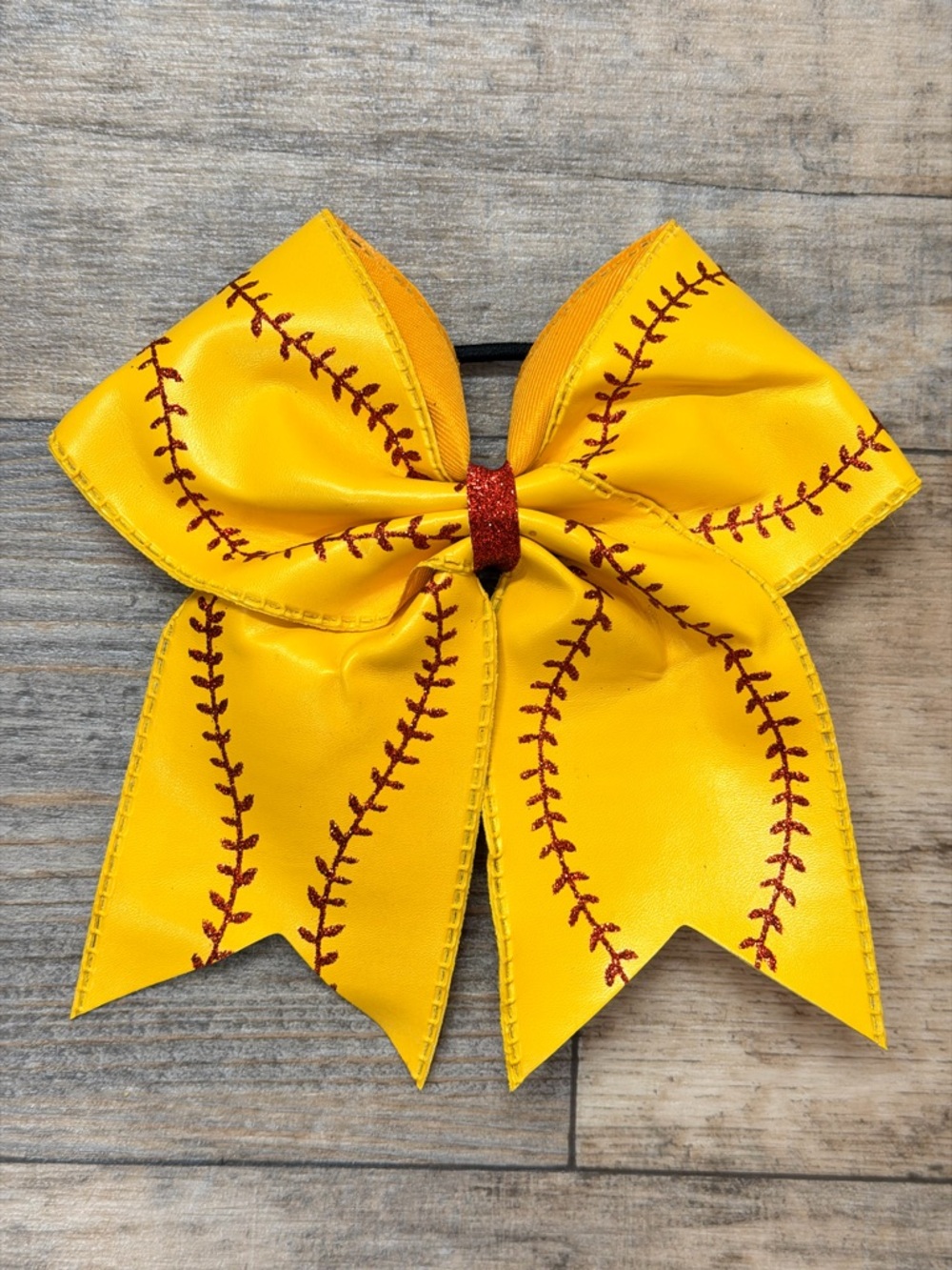 NWOT Vegan Leather Yellow Softball Red Stitch Bow Piny Tail Holder